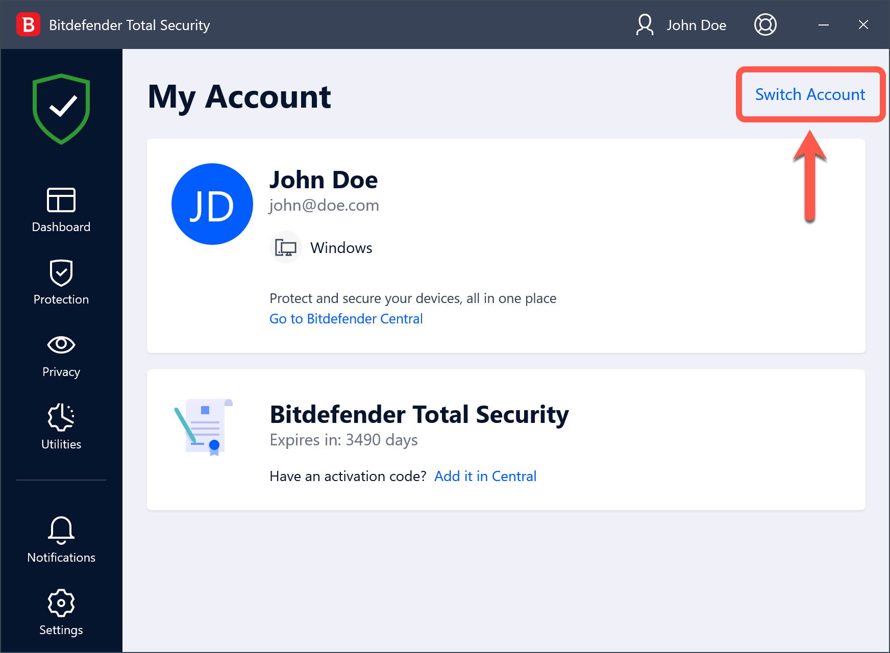 Switch Account on Bitdefender products for Windows