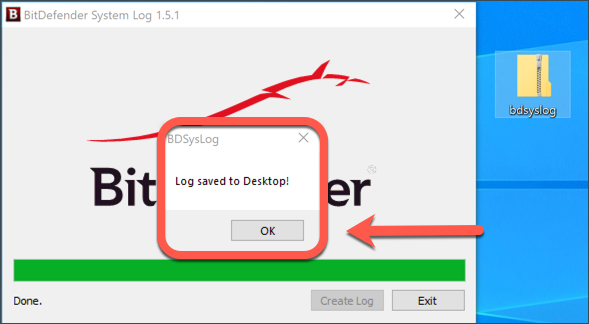 Using the BDsysLog scan utility on Windows - Log saved to Desktop