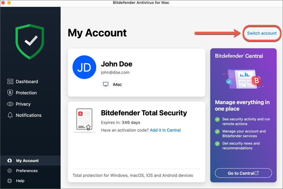 Switch Account on Bitdefender Antivirus for Mac
