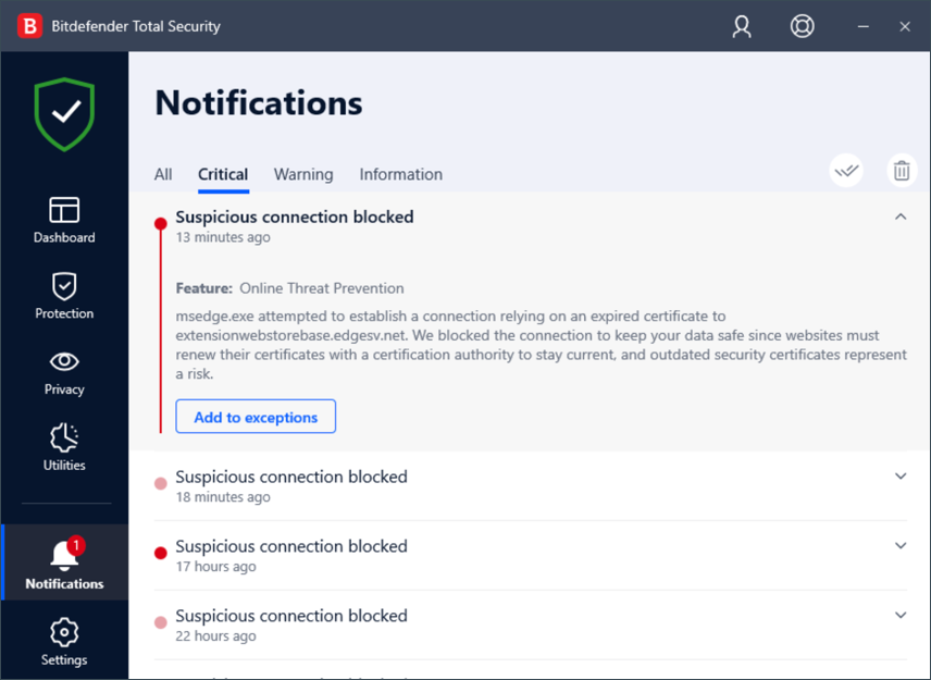 Notifications: Suspicious connection blocked