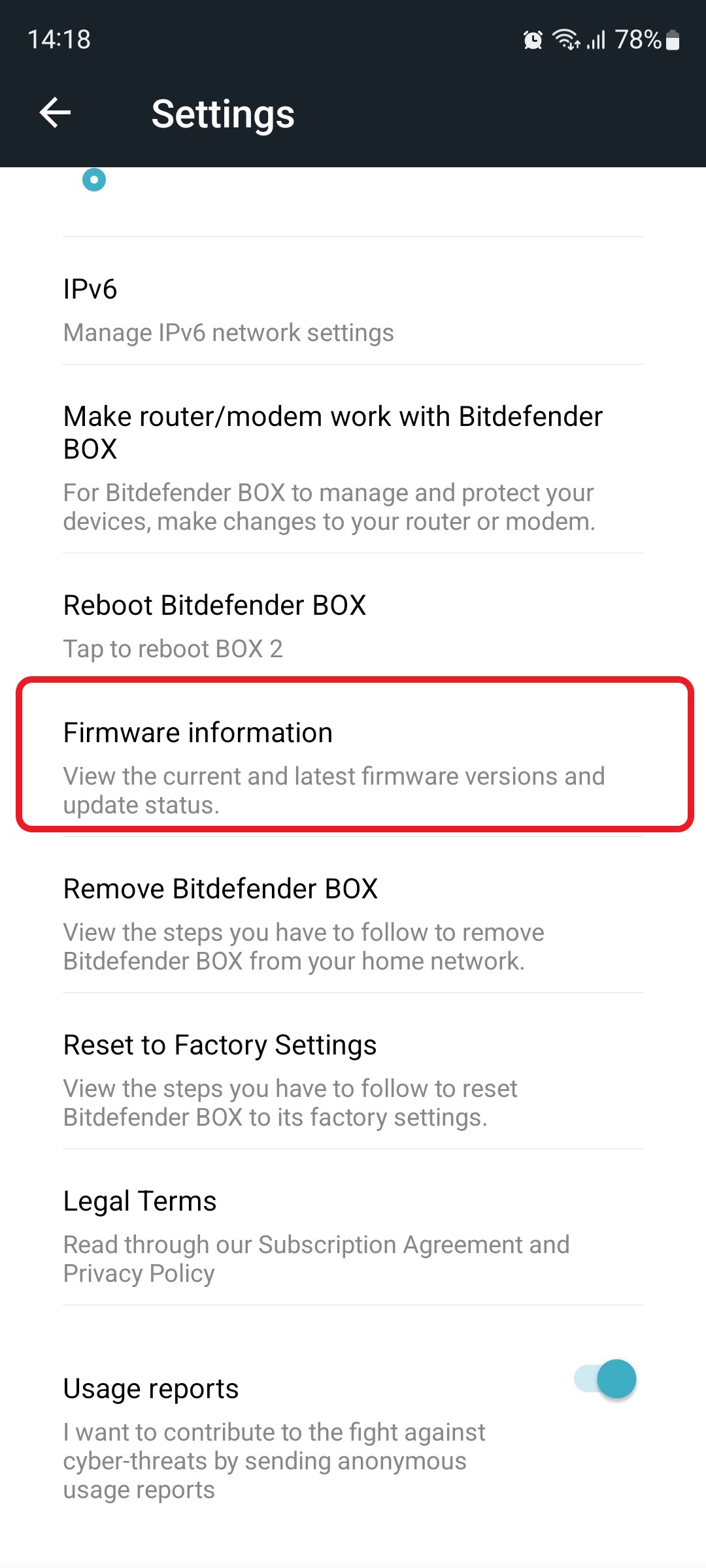 Checking the firmware version of Bitdefender BOX