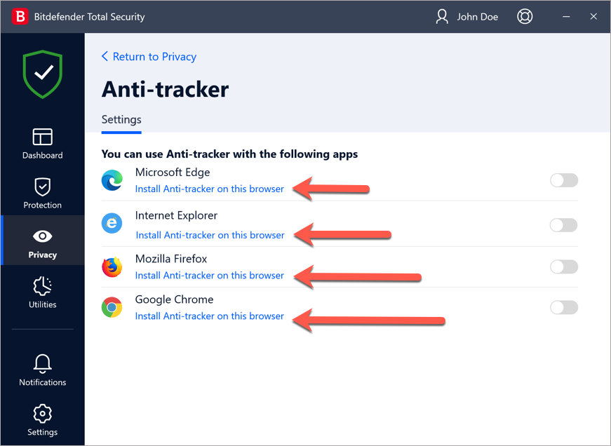 Install Anti-tracker on this browser