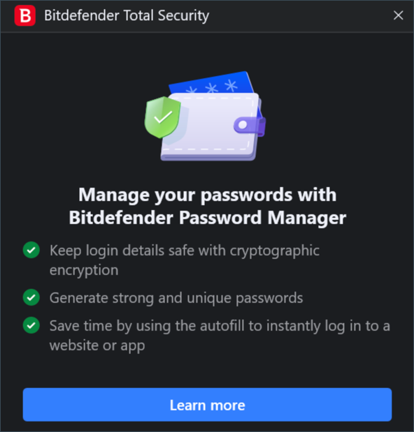 Bitdefender Password Manager pop-up