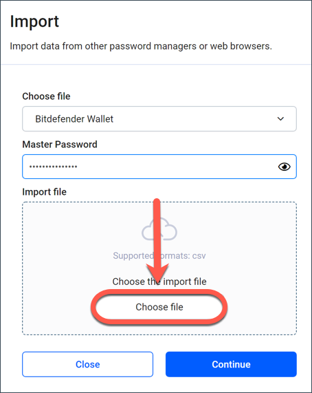 Export your Wallet data into Bitdefender Password Manager - Choose file.
