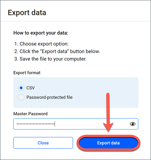 Clicl Export data to Export Passwords from Bitdefender Password Manager