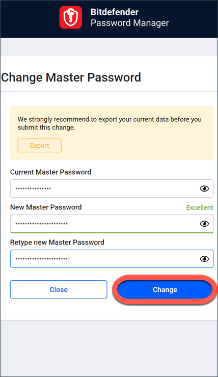 Click on Change to reset the master password