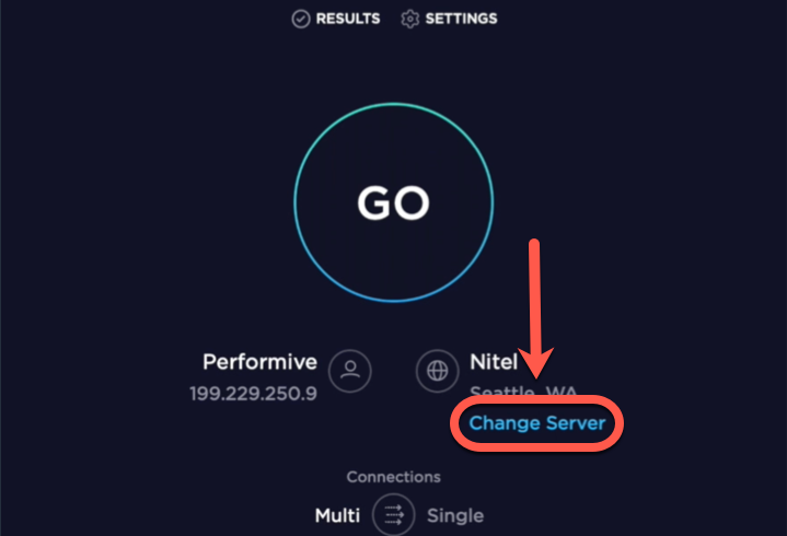 Changing the server before running an Internet speed test